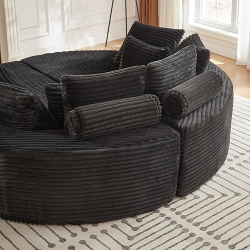 Image of 78'' Oversized Round Sleeper Sofa Bed, Convertible Circle Chaise Lounge Chair Indoor, Modern Fluffy Plush Corduroy Cloud Boneless Couch, Assembly Free, Comfy Bean Bag for Living Room, Black