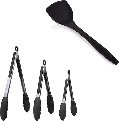 Espátula Wok de silicona negra+juego de pinzas de silicona de 3 piezas