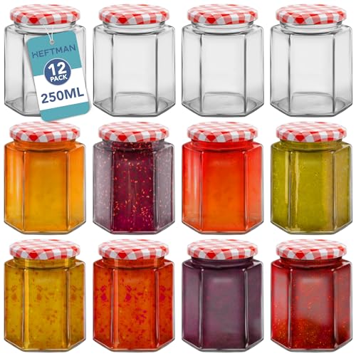HEFTMAN Tarros Pequeños de Vidrio con Tapas: 12 Tarros Herméticos de Mermelada de 250ml Hexagonales con Tapas de Guinga Roja - 12 Unidades