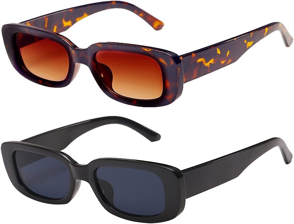 kuou 2 Pieces Square Rectangle Sunglasses, Fashion Retro Glasses, UV 400 Protection Driving Eyewear for Women Men kuou 2 Pieces Square Rectangle Sunglasses, Fashion Retro Glasses, UV 400 Protection Driving Eyewear for Women Men