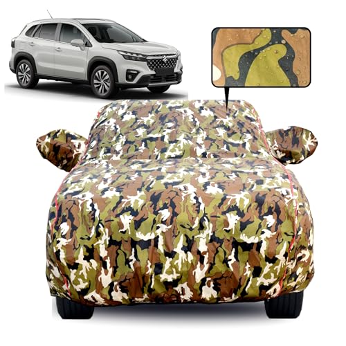 Image of Waterproof Car Body Cover for Maruti Suzuki SX4 with Mirror Pocket, Soft Cotton Lining, Triple Stitched, Full Bottom Elastic (Heat Resistant Jungle Print with Red Piping)