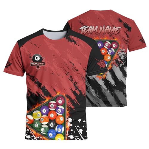 Personalized Novelty T-Shirt with Pool Team Name 3D Billiard Rack and Red Theme Shirt Billiard Theme Gift Idea