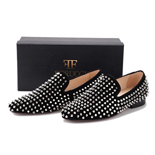 Ferucci Men Black Velvet Slippers Loafers Flat With Silver Spikes (9) #TOP5