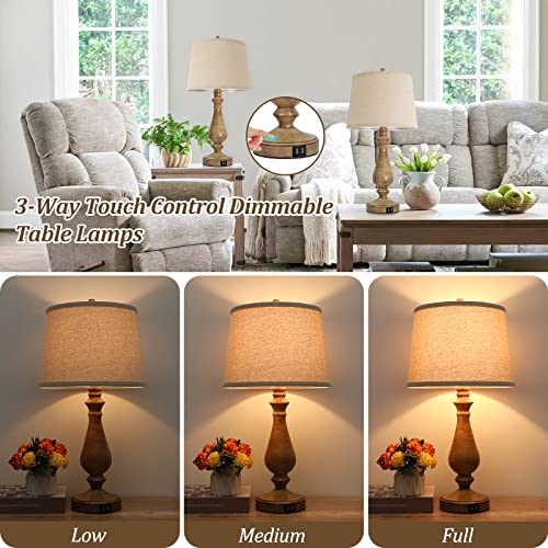 Farmhouse USB Table Lamps Set of 2, Dimmable Touch Control Bedside Lamps, Rustic Nightstand Reading Lamps with Cream Fabric Shade for Bedroom Living Room Office, Oak Metal Base, 2700K Bulbs Included - Thumbnail 2