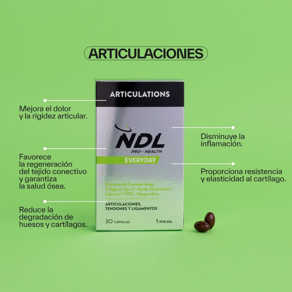 NDL Pro-Health Articulations | Colágeno Tipo II + Ácido Hialurónico + Cúrcuma + Vitamina C | Soporte para huesos, cartílagos y articulaciones | Contiene aceite de pescado | Rafa Nadal & Cantabria Labs