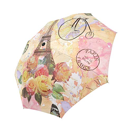 Interestprint Vintage Paris Eiffel Tower Windproof Auto Open And Close Foldable Umbrella, Antique Bicycle Flowers Butterflies Lightweight Portable Outdoor Sun Umbrella With Uv Protection #TOP2