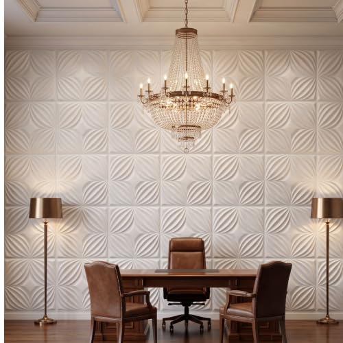 Image of Kayra Decor 3D PVC Wall Panels | Flower Design | White Color | Panels for Bedroom & Living Room | 19.7 x 19.7 Inch | Pack of 12 | 32.28 Sq Ft