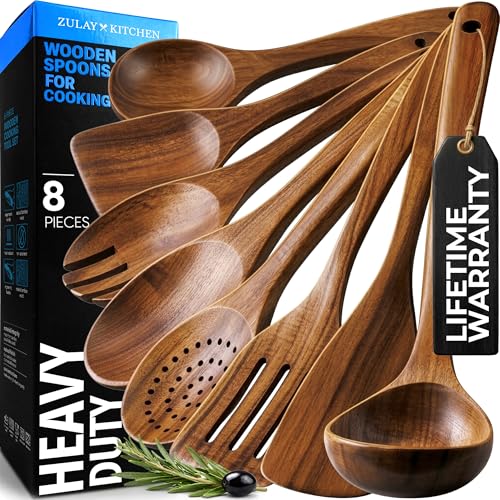 Zulay Kitchen Premium 8-Piece Wooden Spoons - Smooth Finish, Natural Teak Wood, Non-Stick, Handmade by Zulay Kitchen - Used condition - US$27.99