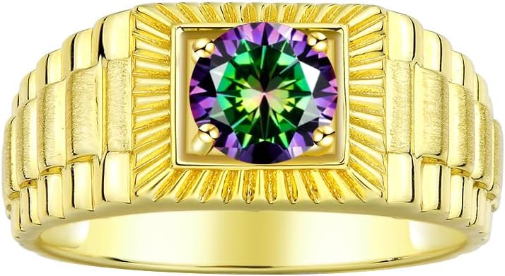 Rylos Mens Yellow Gold Plated Silver Gemstone Ring - Stunning 7MM Round Design, Birthstone Statement Piece for Men