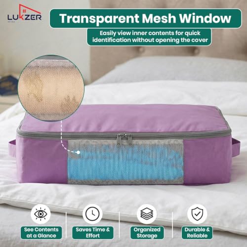 Image of Lukzer Nylon Clothes Storage Box /Saree Cover /Bags with Zip & Mesh Window Foldable Clothes Storage Organizer for Wardrobe /Lehenga /Dress /Shirts /Quilts /Sarees | (45 x 33 x 14.5 cm) Lavender - Pack of 6