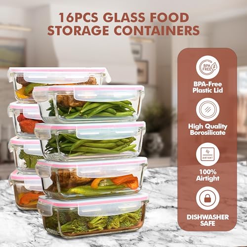 Image of Razab 16 Pc (Set of 8) 30 Oz Glass Meal Prep Containers with Lids, Airtight Large Glass Food Storage Containers, Reusable Leak Proof BPA Free, Freezer to Oven and Dishwasher Safe