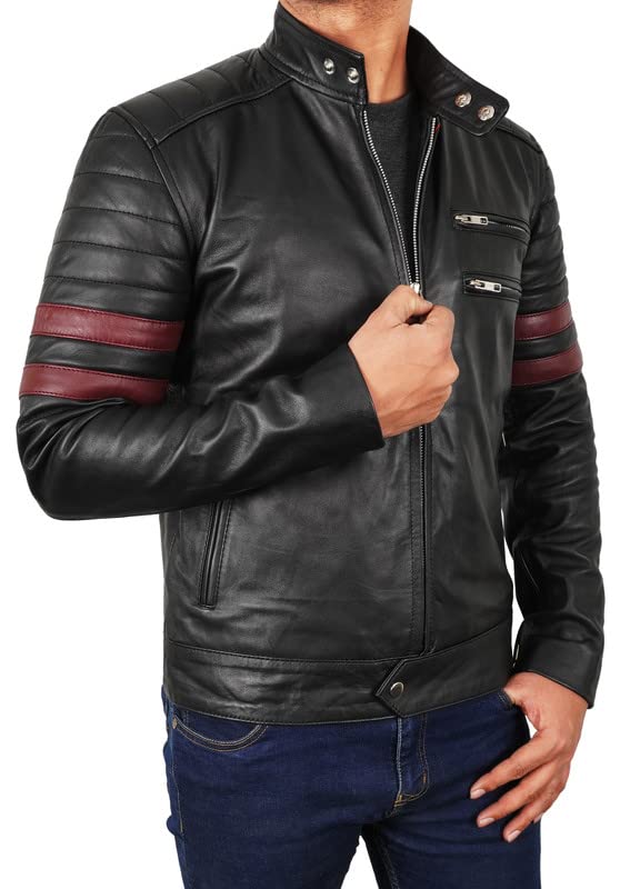 Mens Vintage Motorcycle Red Stripes Mayhem Black Biker Leather Jacket4