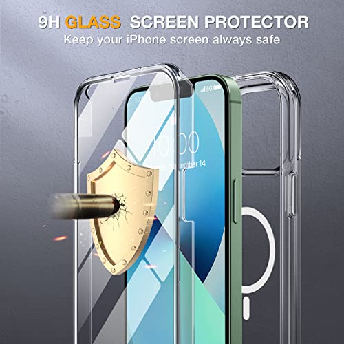 Image of Miracase for iPhone 13 Case 6.1'',Full-Body Magnetic Clear Bumper Case with Built-in 9H Tempered Glass Screen Protector,Military Drop Protection Outdoor Phone Case,Clear