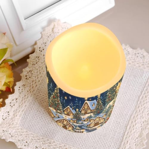 Image of Christmas Flameless Candles Set of 4 | Winter Village, Flameless Candles with Remote Control, Flickering LED Candles with Timer for cozy Christmas
