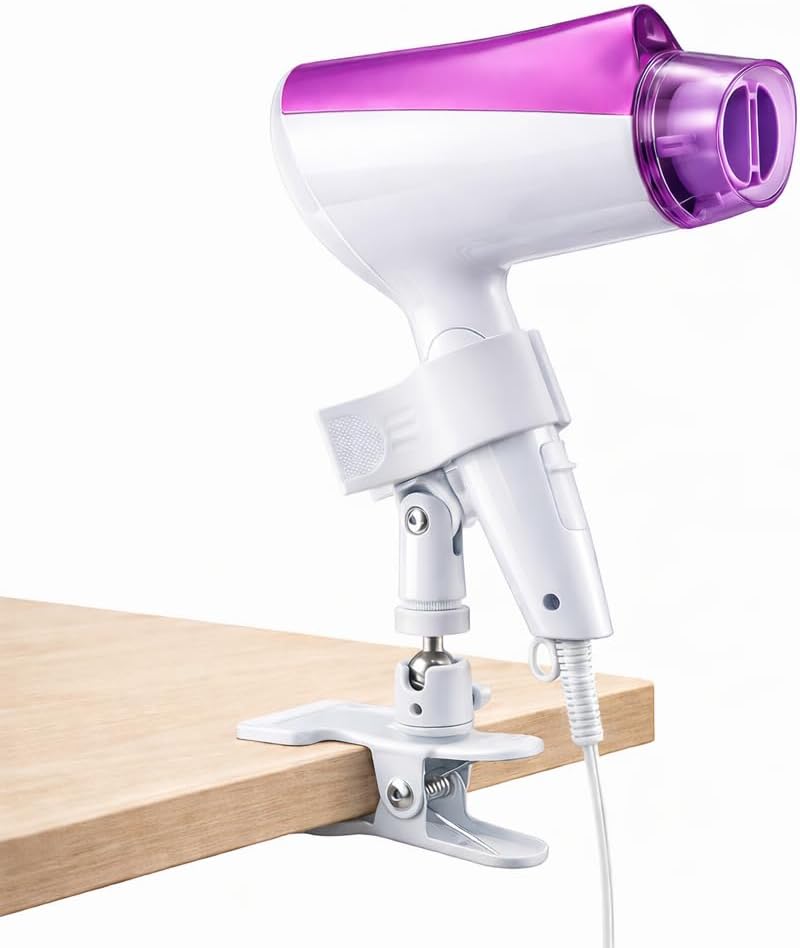 Hands Free Clamp Hair Dryer Holder with Strong Grip, 360° Flexible Gooseneck Blow Dryer Stand, Portable Clip-On Hair Dryer Holder for Styling & Pet Grooming, Table Counter Home Salon, White