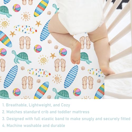 Image of Boho Summer Beach Surf Baby Crib Sheet 52''x28'' Colorful Surfboard Sun Turtles Stretchy Fitted Crib Mattress Sheet for Boy Girl Holiday Soft Baby Bed Sheets for Standard Crib and Toddler Mattress