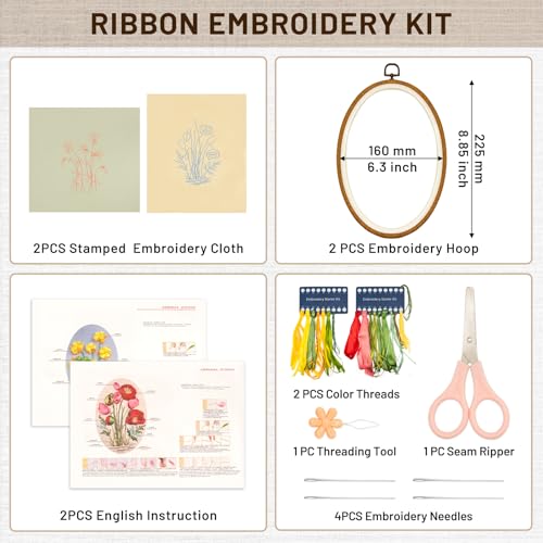 Image of XM-GENYUE 2 Sets Starter Embroidery Kit for Beginners Adults, Hand 3D Ribbons Embroidery Kit for Beginners Flowers Includes Bamboo Hoop, Cloth