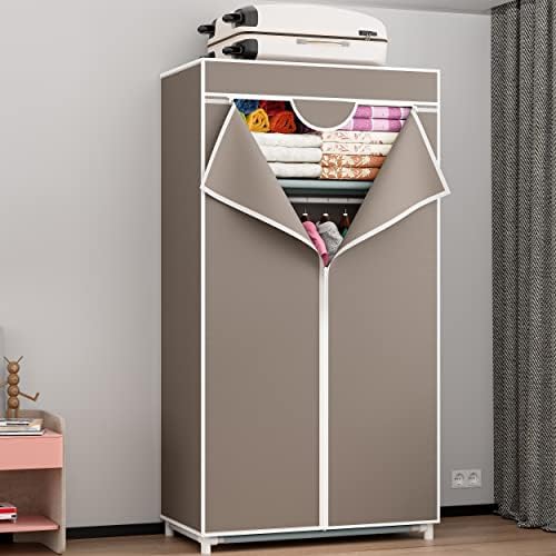 Fabric Wardrobe, Single Canvas Wardrobe,Folding Wardrobe,Foldable Closet with Hanging Rail,Clothes Storage Organiser,Camping Wardrobe, Fabric Cover,Suitable for Bedroom, Cloakroom, Apartment (Coffee)