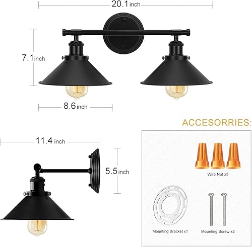 Miniatura 7 de Alynzee 2 lámparas de tocador de baño de doble propósito, aplique de pared de granja, negro mate, accesorios de iluminación industrial de tocador de