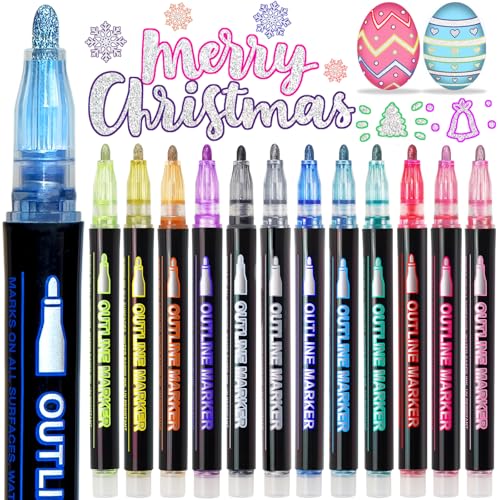 Glitter Markers Outline Pens Metallic,12 Cute Art Supplies Kids 6-8 9-12 10-12 Year Old Tween Teen Girl Gifts Trendy Stuff,Arts Crafts Kids Ages 8-12,Crafts Girls 8-12 Shimmer Sparkle Cool Fun Drawing