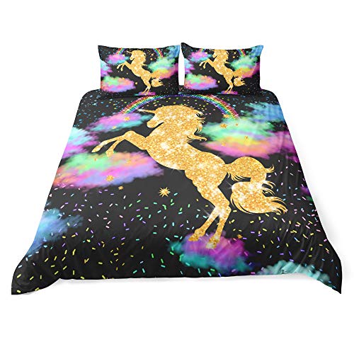 Suncloris, Rianbow Sparkling Dots Unicorn Bedding Set, 3D Digital Printing Rich Glitter Horse Quilt Cover Zippered Duvet Cover With 2 Pillow Shams For Kids And Adults (03, Queen) #TOP3