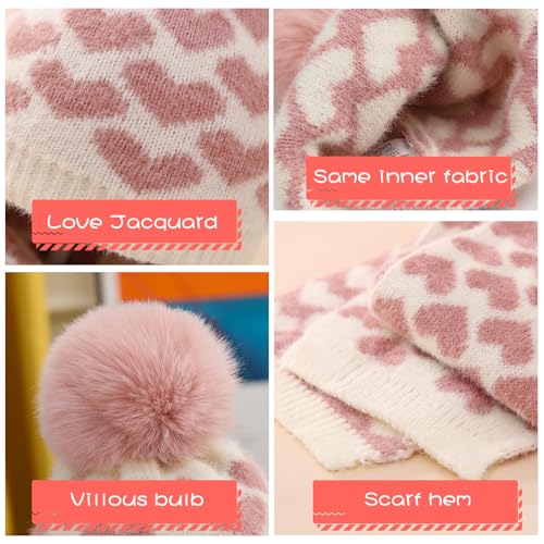 Toddler Kids Winter Hat Scarf Gloves Set, Cute Warm Knitted Beanie Hat with Pompom Scarf Mittens for Baby Girls 6 12 18 Months3