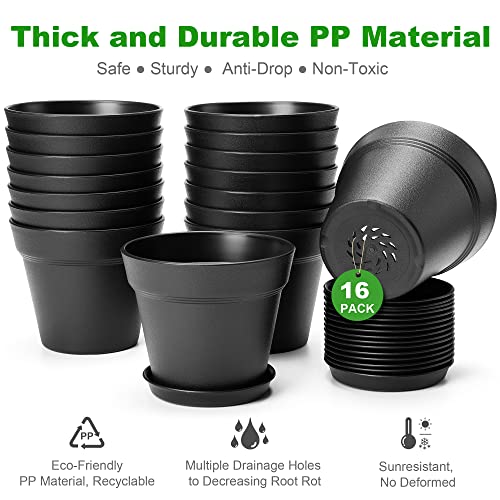 16 Pack Plastic Plant Pots With Drainage Holes And Tray, 4 Inch Thickened Indoor Planters Seedlings Nursery Pots For Flowers, African Violet, Succulent And All House Plants, Black #TOP3