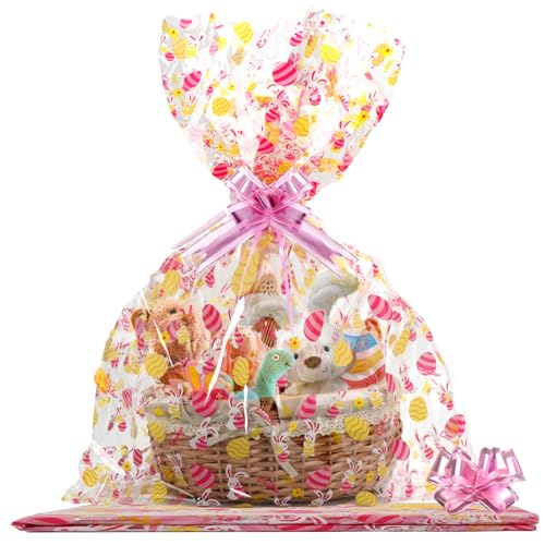 SUREHOME Cellophane Bags for Gift Baskets Set Of 10 30 x 40 Inch Clear Gift Bags with Pull Bow Bunny Shrink Wrap Bags for Gift Basket Wrapping Plastic Cello Easter Basket Bag Large Cellophane Bag