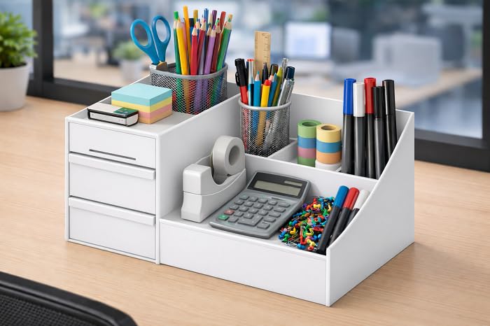 Image of ROKTRY Multi-Functional Desk Organizer with Drawers|Large Capacity All-in-One Stationary Storage Box for Office, School & Home|Aesthetic Pen Stand, Notebook Holder&Accessories for Study Table (White)