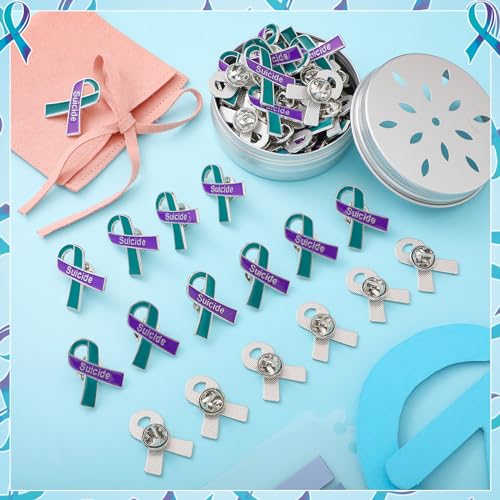 Image of Riceshoot 100 Pcs Suicide Prevention Awareness Ribbon Pin Bulk Purple Teal Ribbon Enamel Lapel Pin Sexual Assault Awareness