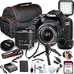 Canon EOS 2000D / Rebel T7 DSLR Camera w/EF-S 18-55mm F/3.5-5.6 Zoom Lens + 64GB Memory, LED Video Light, Case, Gripster Tripod, and More (Essential Bundle) (Renewed)