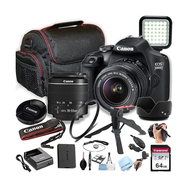 Canon EOS 2000D / Rebel T7 DSLR Camera w/EF-S 18-55mm F/3.5-5.6 Zoom Lens + 64GB Memory, LED Video Light, Case, Gripster Tripod, and More (Essential Bundle) (Renewed)