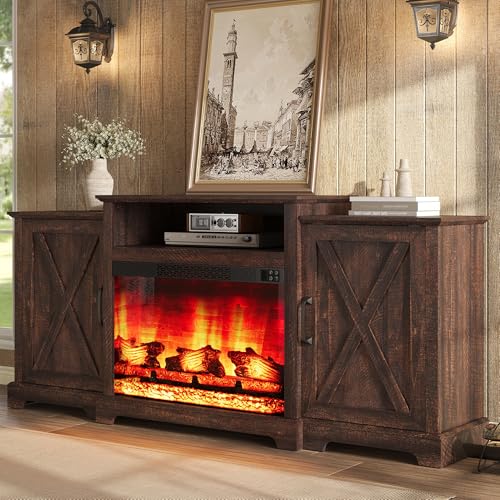 Image of AMERLIFE 70 inch Farmhouse Fireplace TV Stand with Storage for TVs up to 80 inch | Entertainment Center with 29 inch Electric Fireplace, Media Console with 2 Cabinets & Adjustable Shelf, Rustic Brown