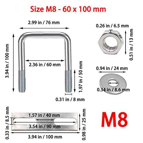 U Bolts M8 60 x 100mm U Bolts M8 U Bolts U Bolts square stainless steel with Nut Frame Plate Washer U bracket for Pipe fixing Car Ships 2 piece (60 x 100mm) - Image 2