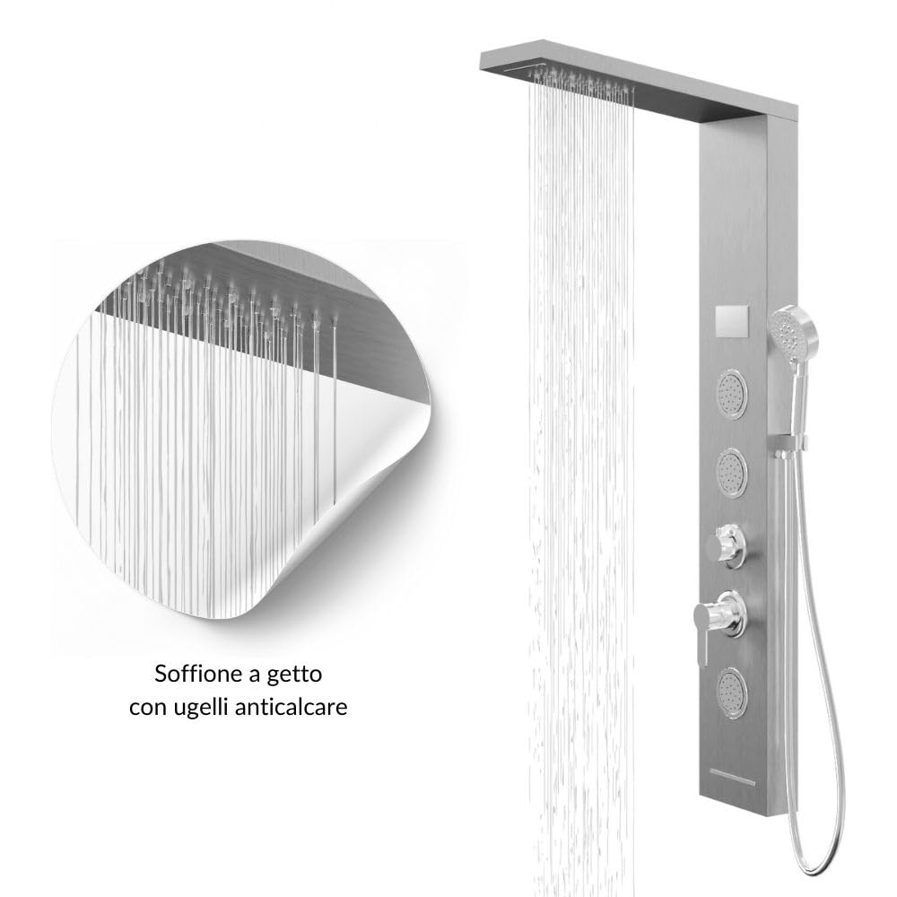 Colonna Pannello Doccia Shine Acciaio 4 Funzioni Luce LED Display Temperatura Effetto Pioggia Cascata Anticalcare (Cromo Spazzolato)