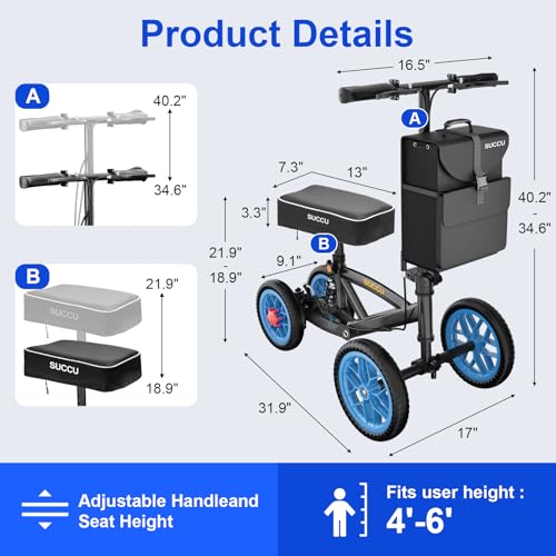 Image of All Terrain Knee Scooter Carbon Steel, 120 Steering,Foldable,300Lbs | knee scooter for adults for foot surgery,The best crutch alternative for foot surgery,solves crutch mobility and arm fatigue.