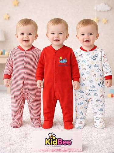 Image of Kidbee Baby Boys & Girls Full Sleeves Cotton Footed Romper Sleepsuit Pack of 3