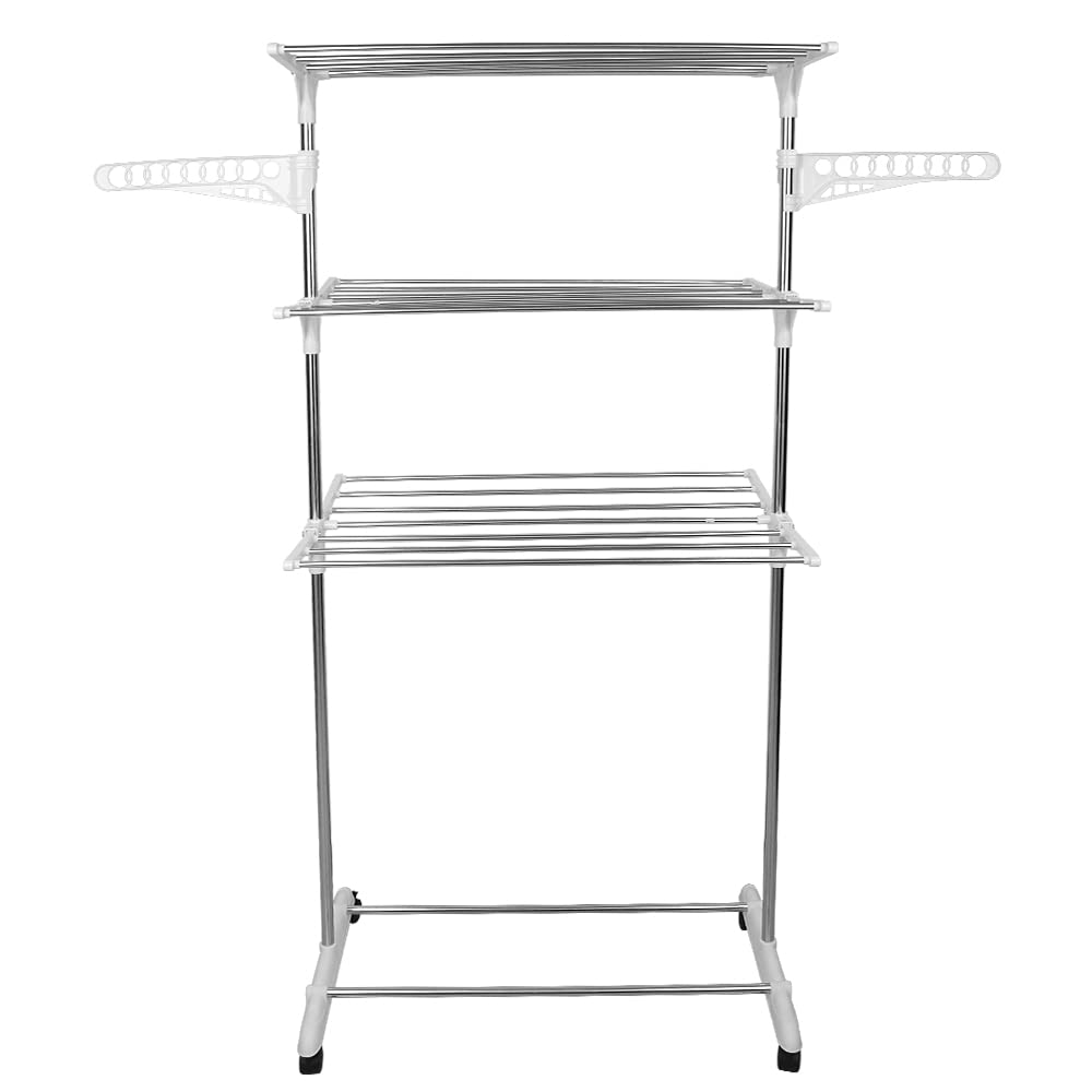 HUOLE Stendino Verticale a Torre, Appendiabiti con Ruote, Stendibiancheria Pieghevole Metallo con 4 Ripiani Regolabili, 3 Livelli,Salvaspazio Stendibiancheria,3 strati - plastica bianca