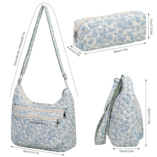 Image of 2-Piece Set Women's Small Floral Quilted Crossbody Bag and Tote, Multi-Pocket Shoulder Handbags for Everyday Use, Travel