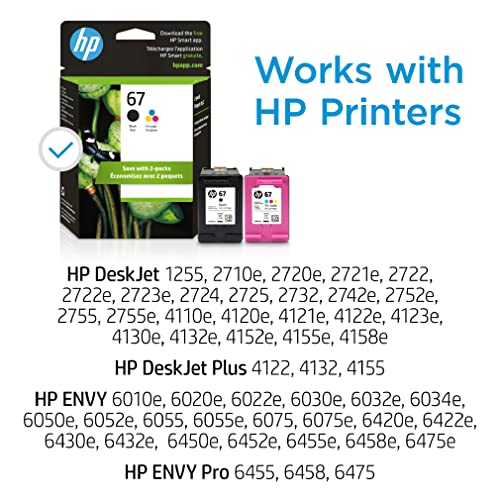 Original HP 67 Black/Tri-color Ink Cartridges (2-pack) | Works with HP DeskJet 1255, 2700, 4100 Series, HP ENVY 6000, 6400 Series | Eligible for Instant Ink | 3YP29AN