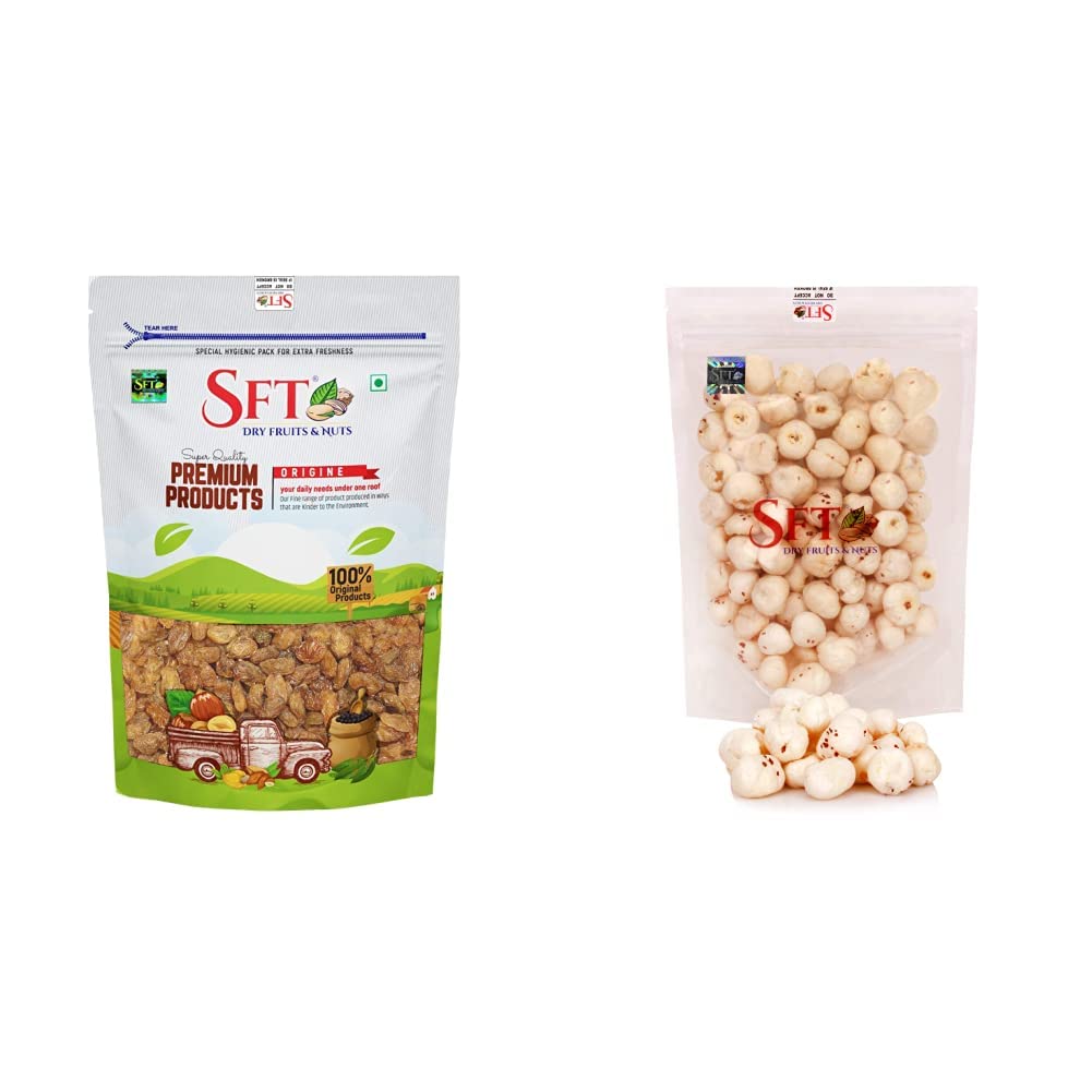 SFT Raisin with Seed (Munakka) Abjosh 1 Kg & Lotus Seed Pop / Gorgon Nut Puffed Kernels (Phool Makhana) Fox Nut Organic (Grade - Big Size) 500Gm