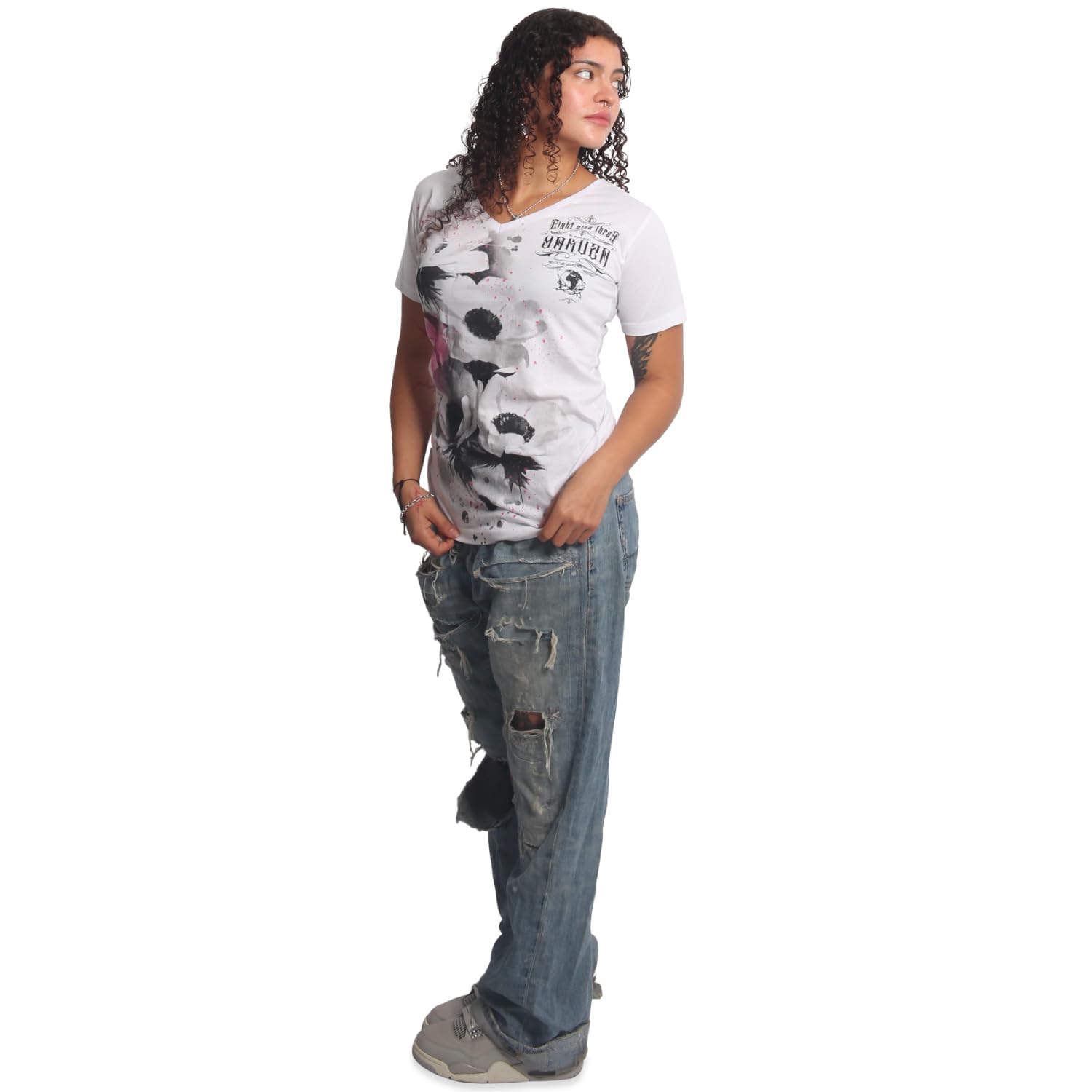 Yakuza Damen Flower Style Curved V-Neck T-Shirt