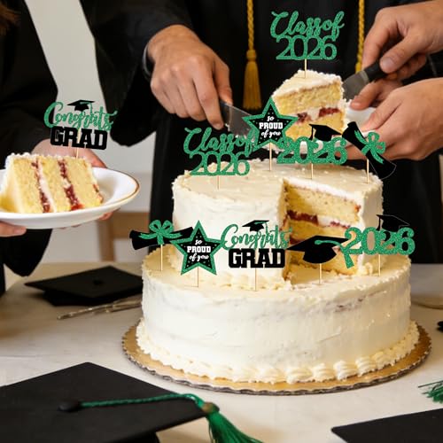 Image of 48 PCS Grad Cupcake Toppers, Glittery Congrats Graduation Cake Topper, 6 Styles Graduation Decorations, Black and Green Cap and Diploma Cake Picks for Class of 2026 Grad Party Decorations Supplies