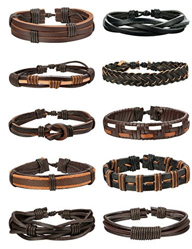 FIBO STEEL 10Pcs Braided Leather Bracelets for Men Women Cuff Bracelet,Adjustable