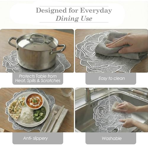 Image of Kuber Industries Leather Table Mats Set of 6 | Washable Placemat /Dining Table Mat for Wedding and Family Functions | Gulab Design - Silver