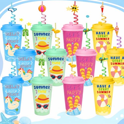24 pcs Pool Beach Birthday Party Decorations Cups with Lid and Straws 16oz Reusable Plastic Cups Pool Party Favors Summer Cups for End of Year Student Gifts KidsTropical Birthday Party Supplies