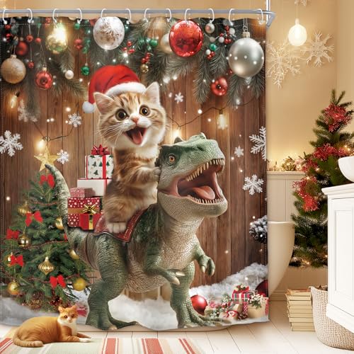 Image of Merry Christmas Shower Curtain Cat Funny Xmas New Year Winter Holiday Cute Riding Dinosaur Snowflake Pine Tree 60Wx72H Inch Funny Cartoon Waterproof Polyester Fabric Bathroom Bathtub