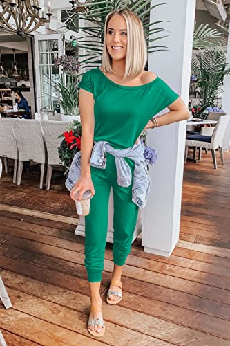 Image of PRETTYGARDEN Jumpsuits for Women Summer Off Shoulder Romper | Short Sleeve Drawstring Waist, Jogger Jumpers with Pockets, One Piece Spring Break Outfits, Vacation Travel Lounge Clothes