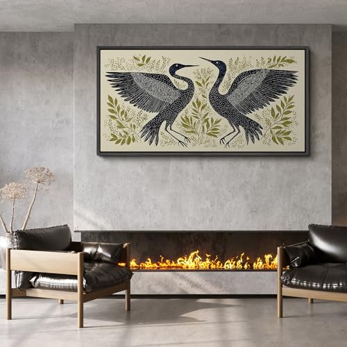 Image of MUDECOR Extra Large Framed Canvas Print Wall Art Modern Crane Birds with Green Botanical Antique Retro Ready to Hang Painting for Living Room Bedroom Multi-Sizes - 60 inchx30 inch