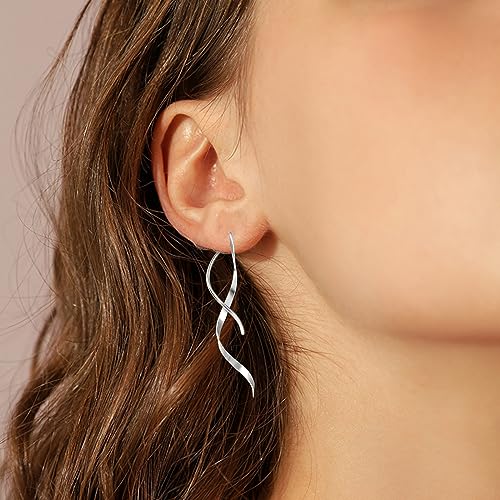 Kwuncci Spiral Threader Earrings, 18G Handmade Stainless Steel Earrings For Women, Twisted Linear Curved Pull Through Earrings Silver Gold Drop Dangle Earrings Jewelry For Women #TOP5